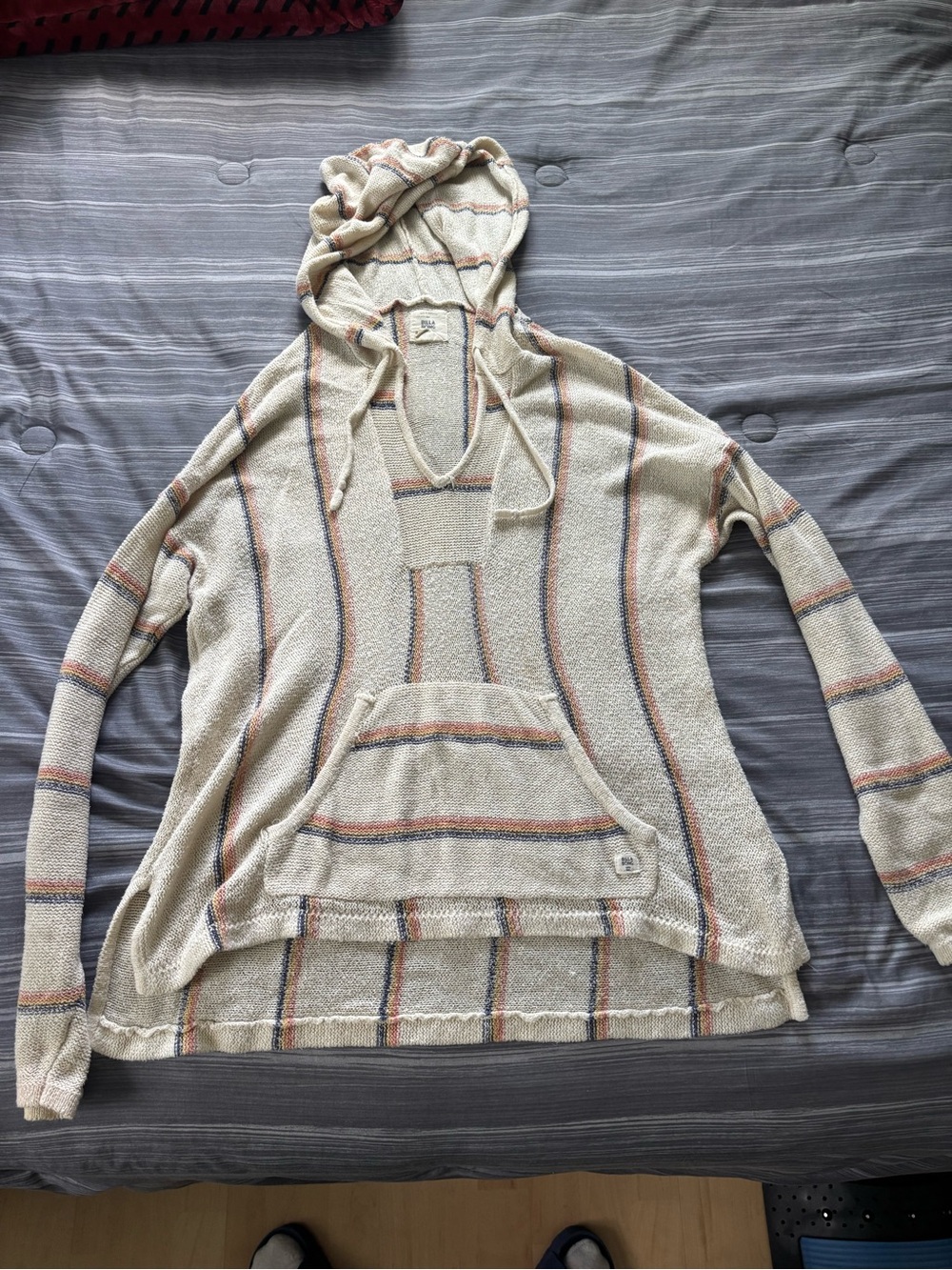 Billabong Cream Hooded Knit Top with Navy, Rust, and Yellow Stripes
